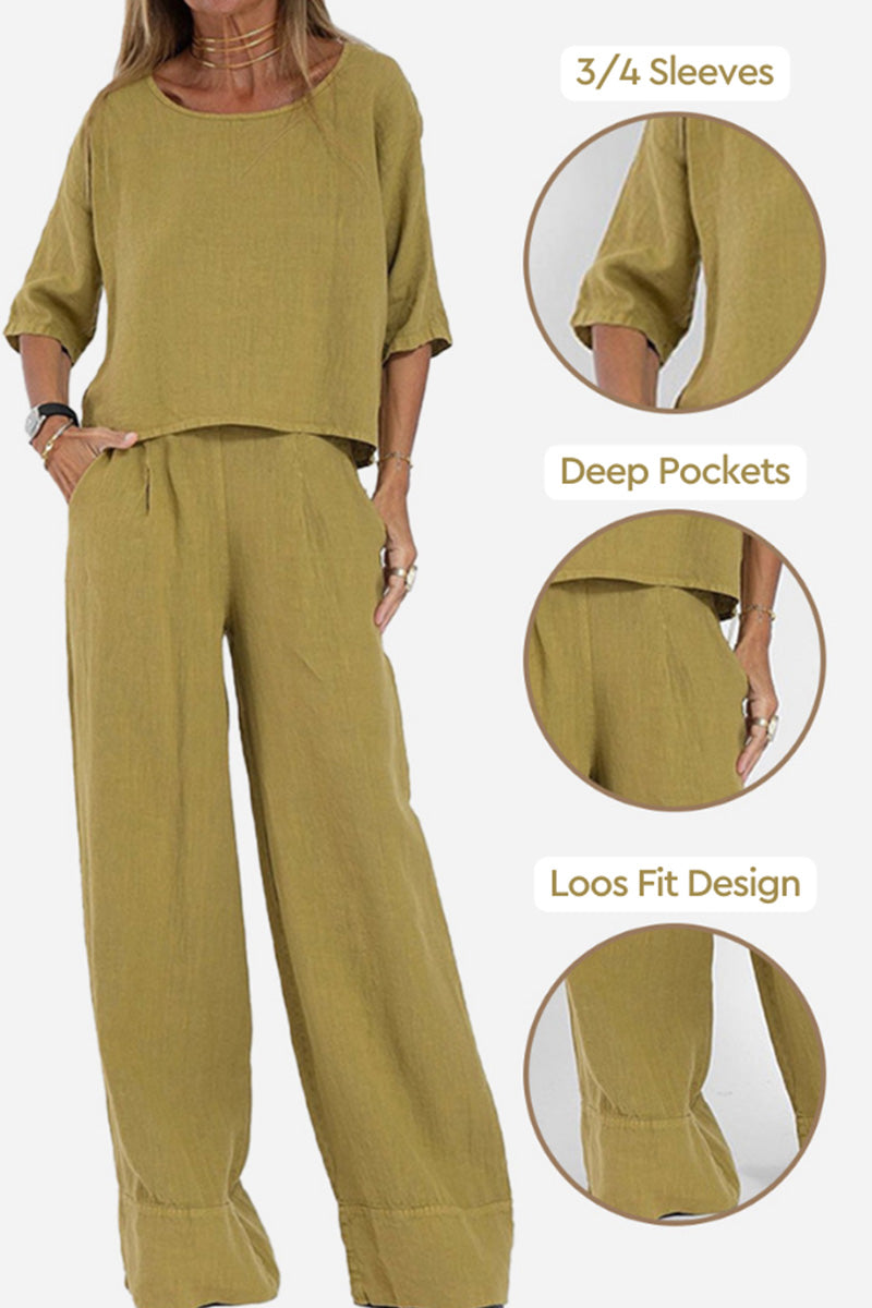 Women's casual loose solid color short-sleeve top and wide-leg pants set