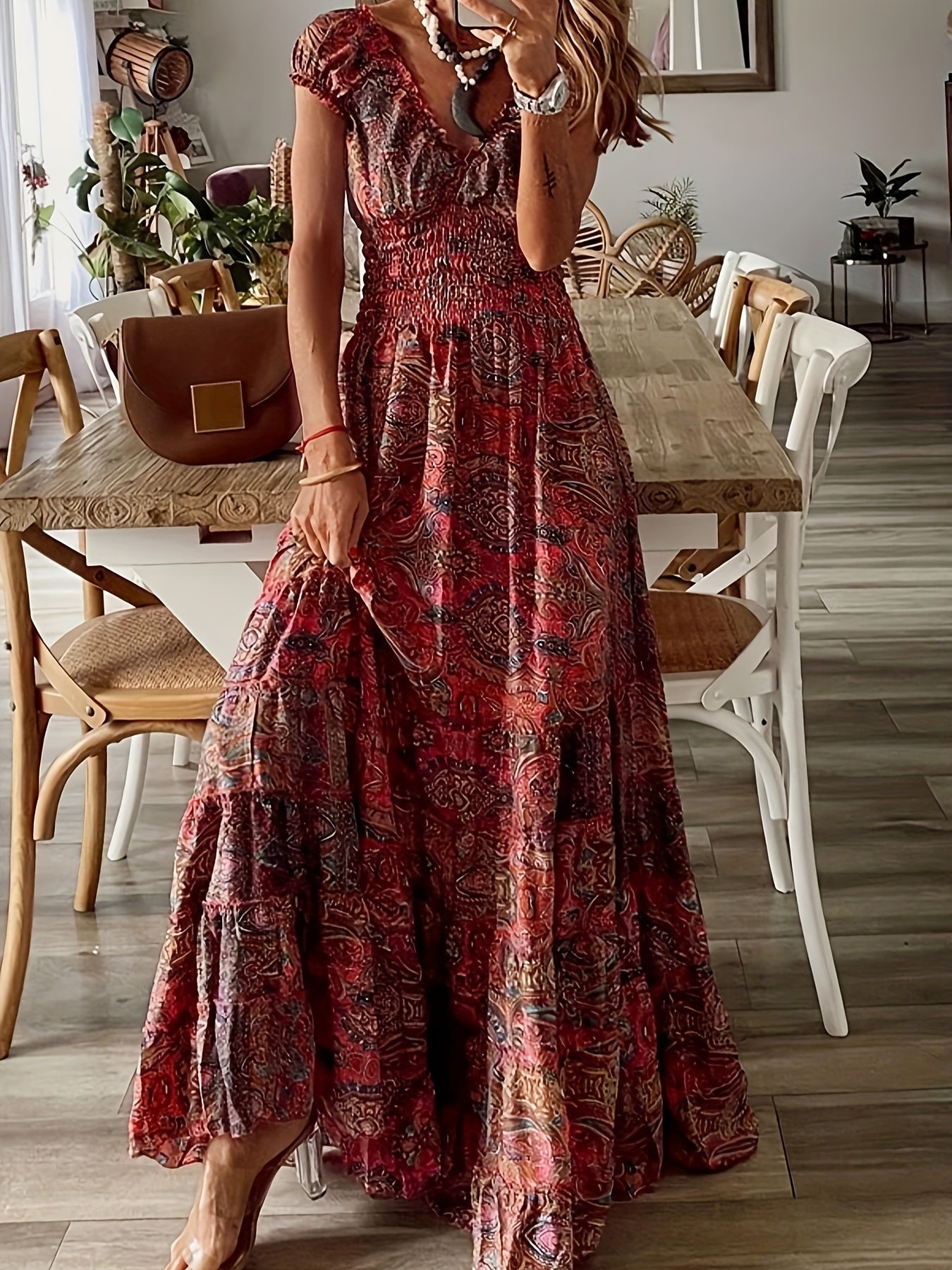 Women's Maxi Dress - Bohemian Paisley Print - Smocked Waist - Tiered Flowing Skirt
