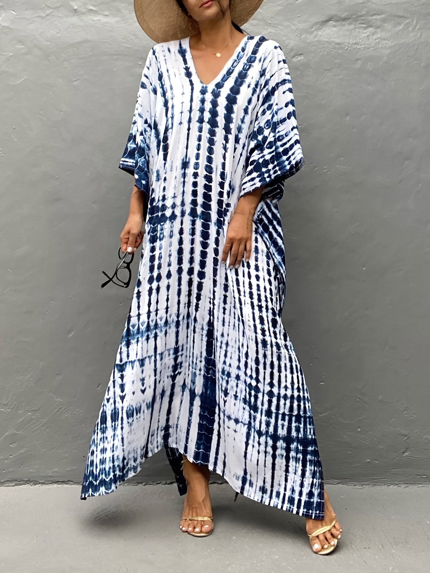 V-neck tie-dye maxi beach dress with wide sleeves for women