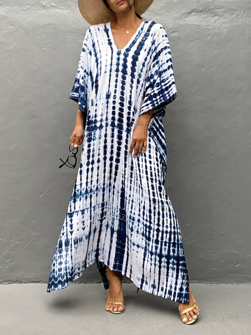 V-neck tie-dye maxi beach dress with wide sleeves for women