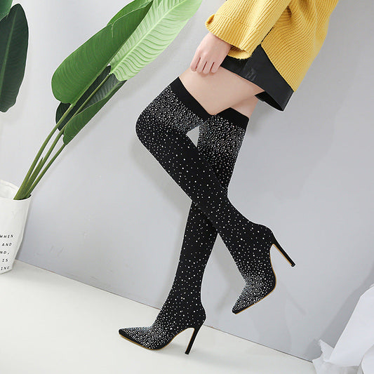 Rhinestone Embellished High Heel Over-The-Knee Boots