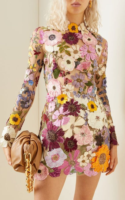 Women's Mini Dress - Sheer Mesh Overlay - 3D Floral Embroidery - Long Sleeve High Neck