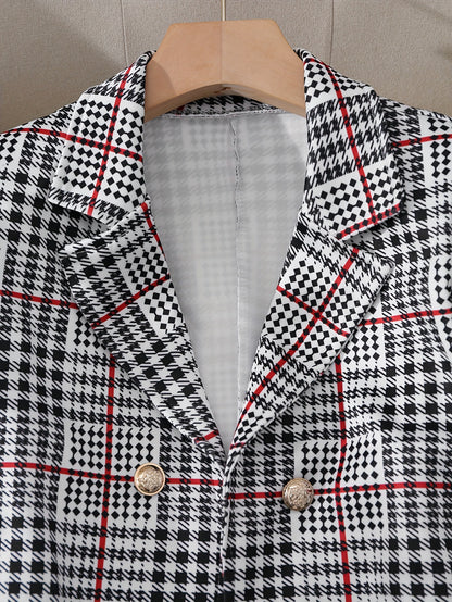 Two-piece plaid blazer and mini skirt set with gold buttons for women
