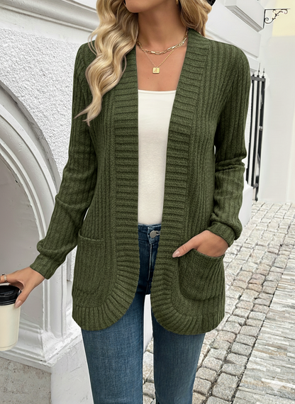 Open-front ribbed knit cardigan with long sleeves for women