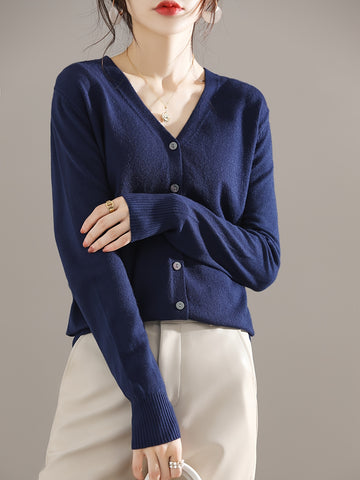 Lightweight button-front cardigan with v-neck and ribbed hem for women