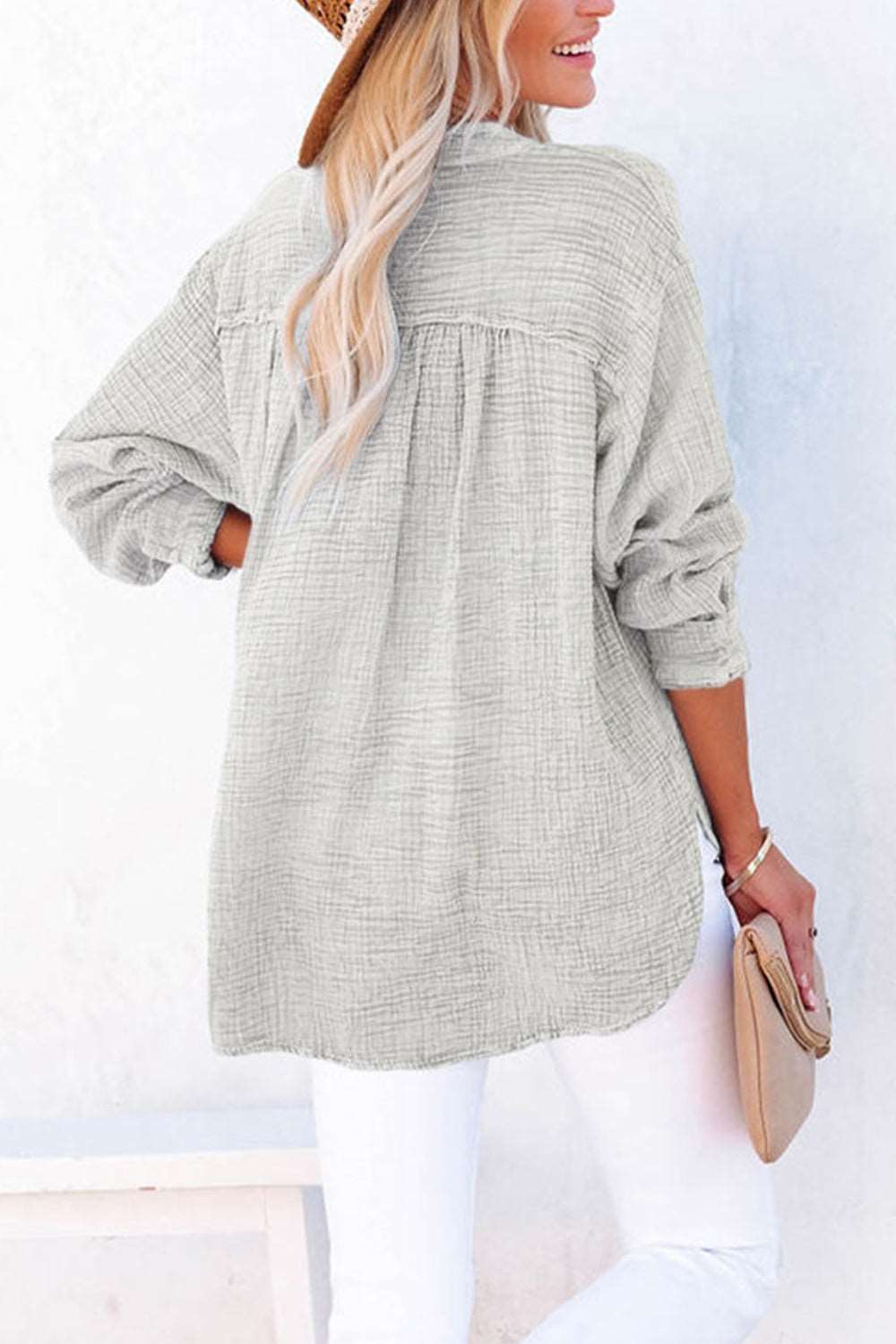 Women's Button-Up Blouse - V-Neck Loose Fit - Long Sleeve Casual Wear