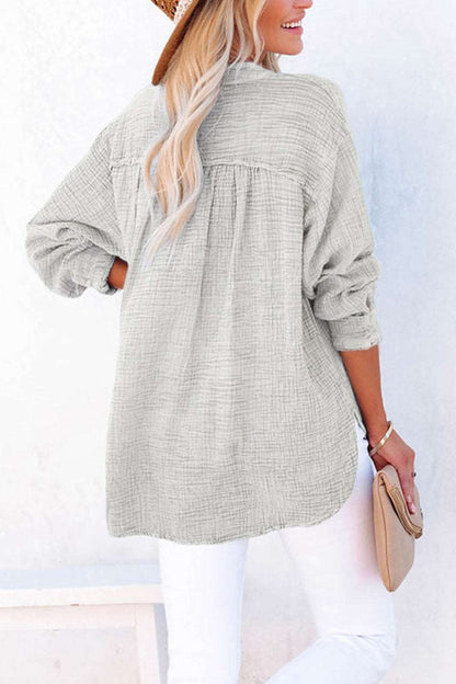 Women's Button-Up Blouse - V-Neck Loose Fit - Long Sleeve Casual Wear