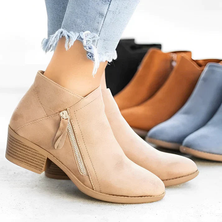 Women's short boots side zipper thick heel pointed toe