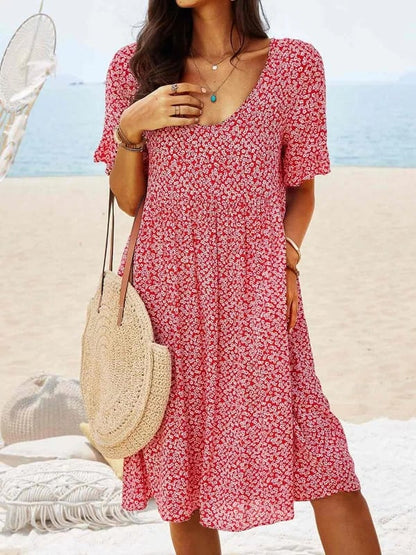 Women's Casual Dress - Lightweight Floral Print - V-Neck Short Sleeve Relaxed Fit