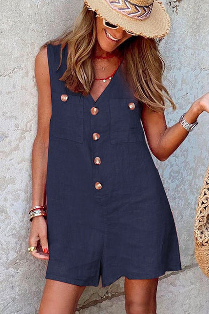 Women's Sleeveless Romper - V-Neck Button Front - Relaxed Fit Lightweight Linen Blend