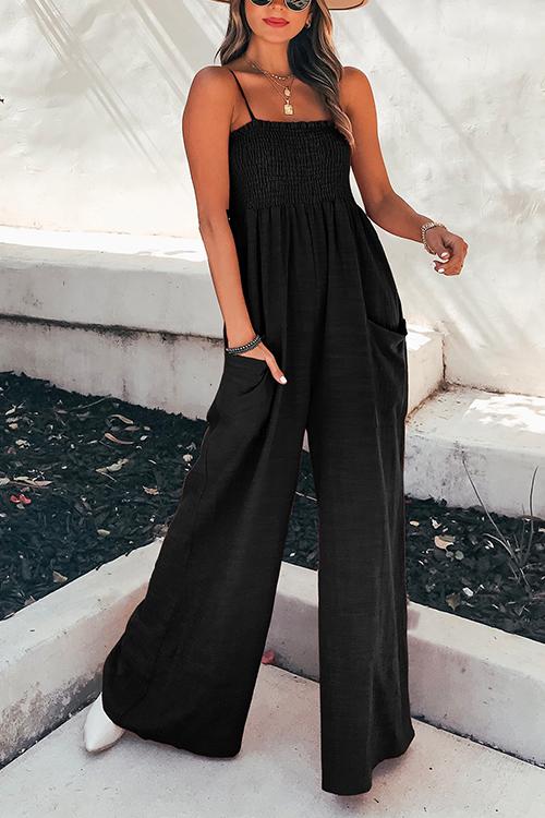 Smocked Bodice Wide-Leg Spaghetti Strap Jumpsuit