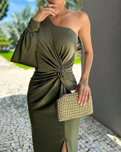 Women's One-Shoulder Gown - Elegant Floor-Length Dress - High Slit & Fitted Bodice