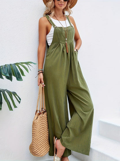Women's Jumpsuit - Wide Leg Loose Fit - Sleeveless Cotton Blend - Casual Bib Style