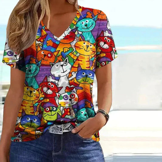 Colorful Cat Print V-Neck T-Shirt