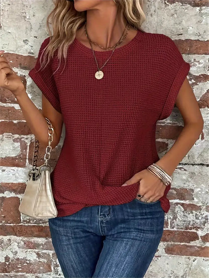 Women's Casual Top - Waffle Knit - Short Sleeve Rolled Cuff - Round Neck Relaxed Fit