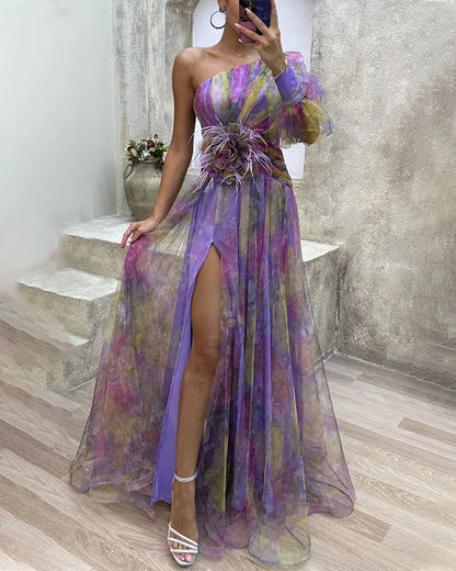 Women's Evening Gown - One-Shoulder Long Sleeve - High Slit Flowing Design - Formal Wear