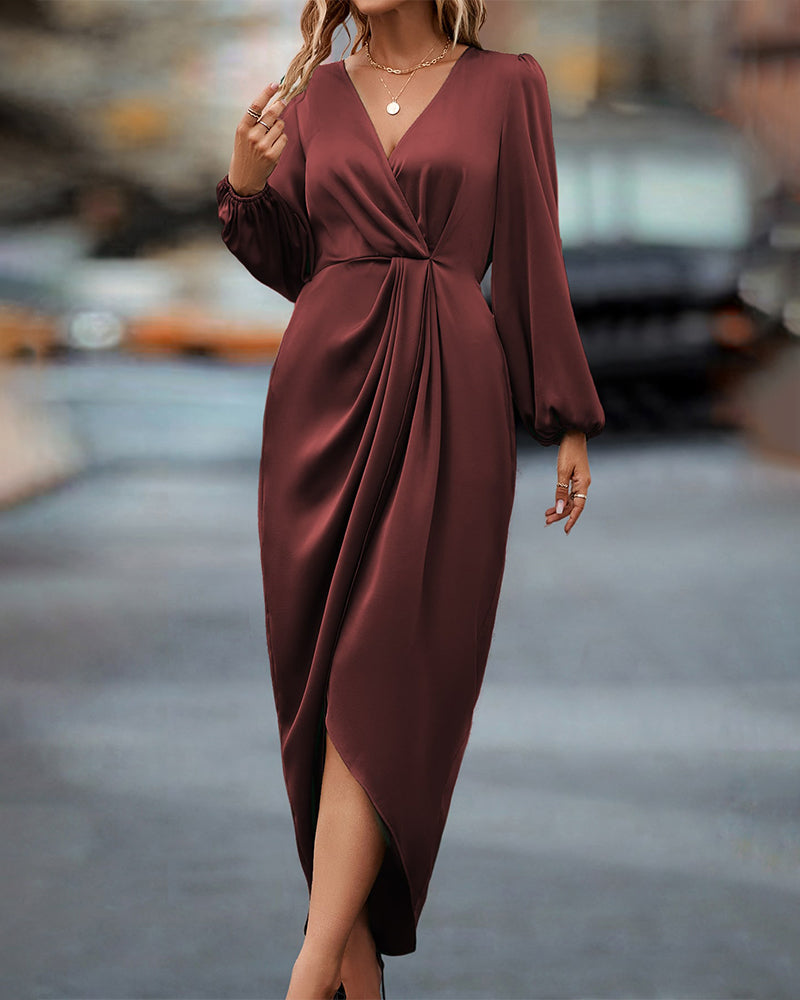 Women's Wrap Dress - Deep V-Neck - Long Puff Sleeves - Ruched Waist - Asymmetrical Hem