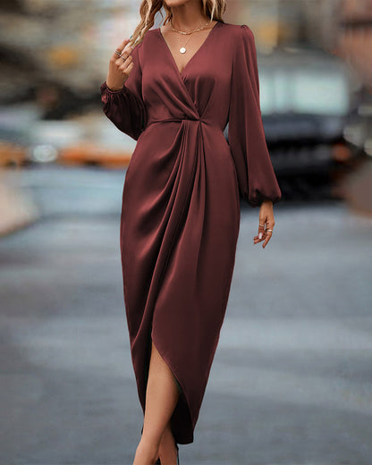Women's Wrap Dress - Deep V-Neck - Long Puff Sleeves - Ruched Waist - Asymmetrical Hem
