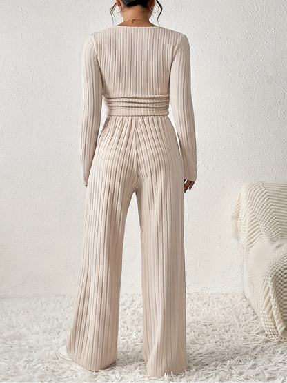 Two-piece ribbed crop top and wide-leg pants lounge set for women