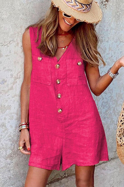 Women's Sleeveless Romper - V-Neck Button Front - Relaxed Fit Lightweight Linen Blend