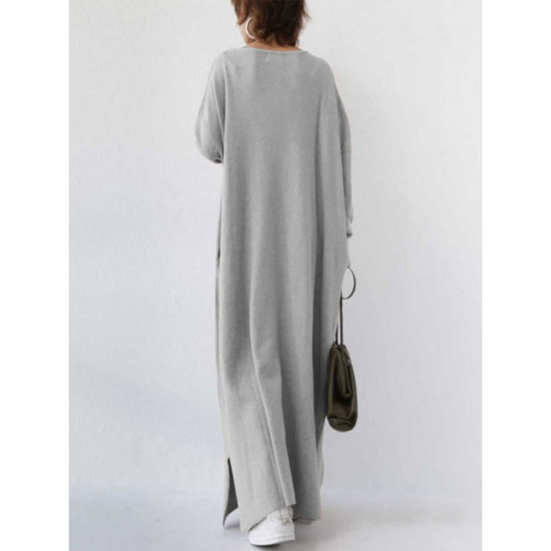 Women's Maxi Dress - Knit Fabric - V-Neck - Long Sleeve Oversized Fit