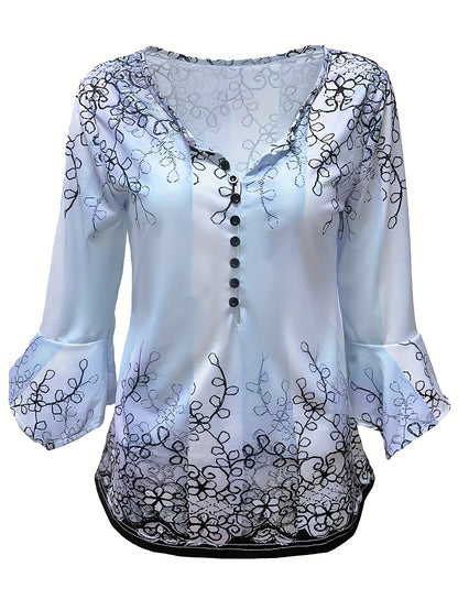Women’s Blouse - Embroidered Lace Detail - Button-Up - Relaxed Fit - 3/4 Sleeve