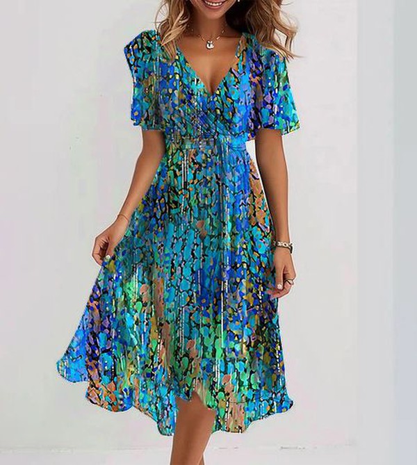 Women’s Midi Dress – A-Line Fit – V-Neck – Short Sleeve – Floral Print – Lightweight