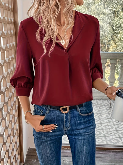 Women's V-Neck Blouse - Notched Lapel Collar - Three-Quarter Sleeves - Relaxed Fit