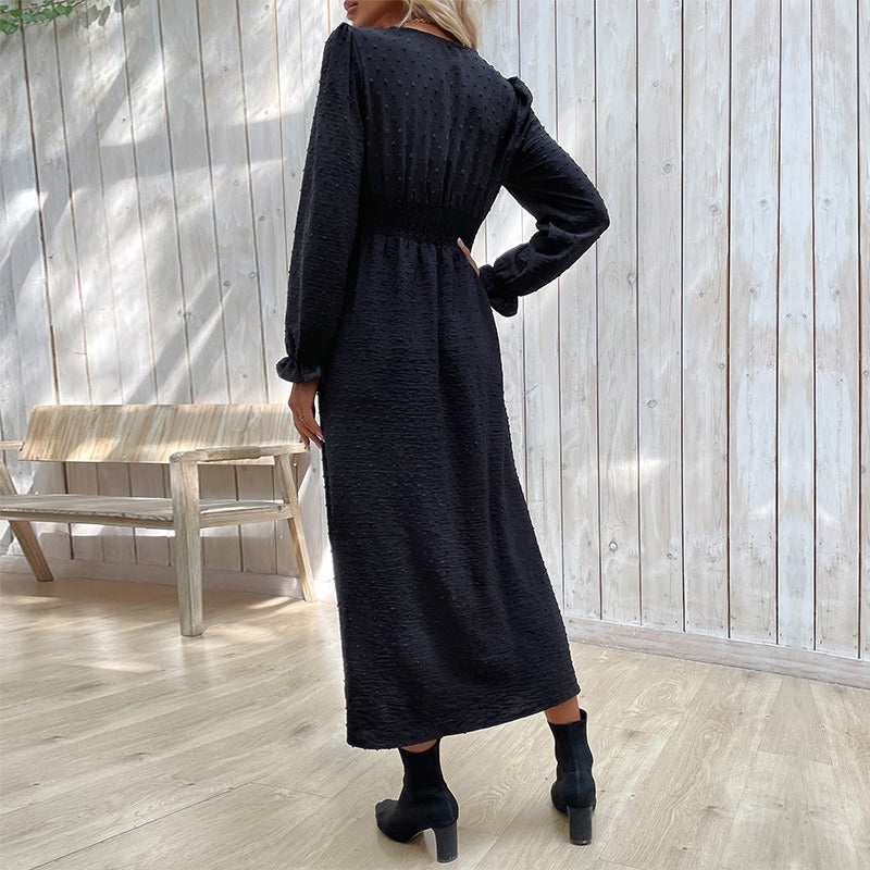 Women's Midi Dress - Long Sleeve - V-Neck Empire Waist - Elegant Button Detail