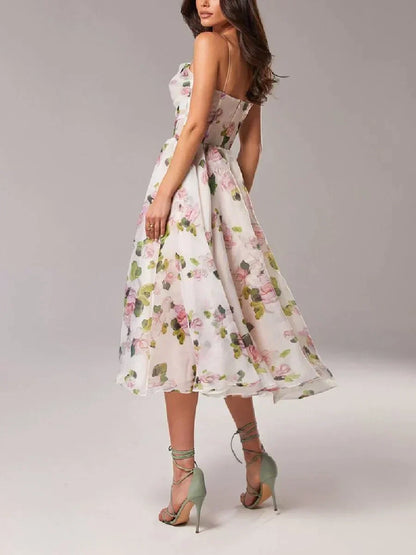 Women’s Midi Dress – A-Line Fit – Floral Chiffon – Spaghetti Straps – Cinched Waist