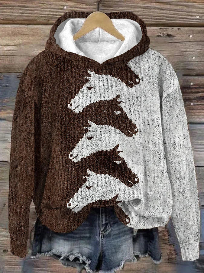 Women's horse print hooded knit sweater