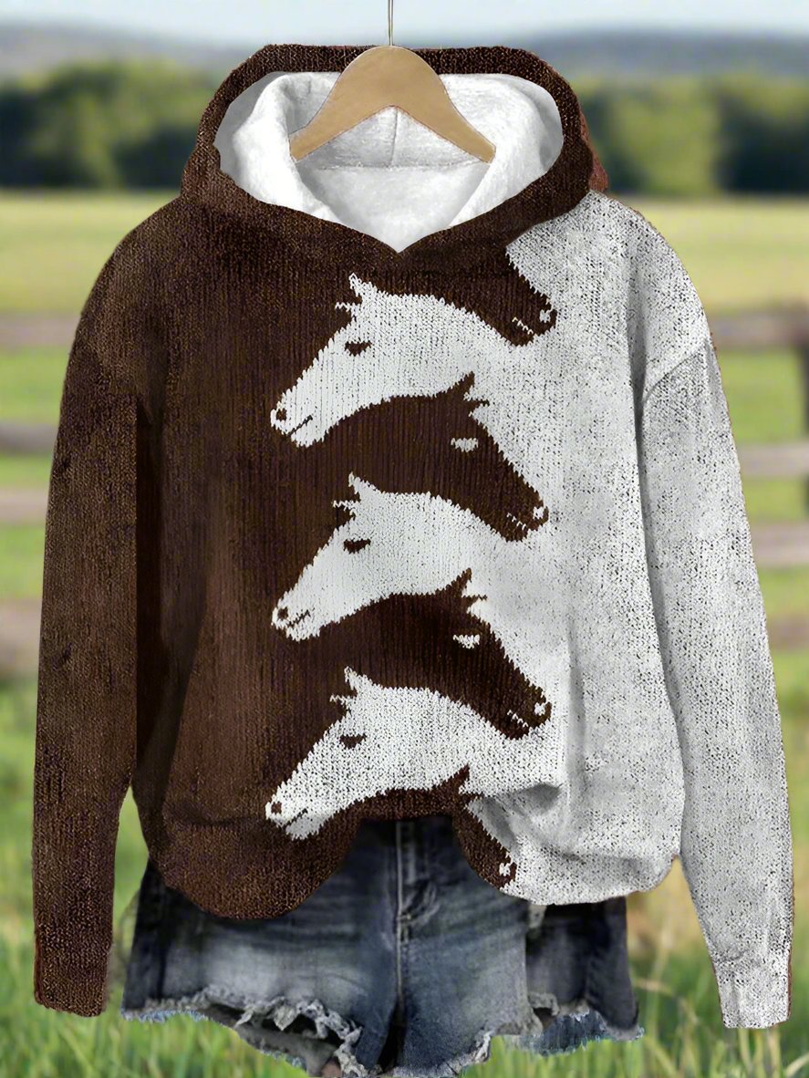 Women's horse print hooded knit sweater