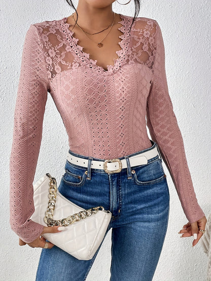 Women's Lace Blouse - V-Neck Long Sleeve - Fitted Floral Embroidered Elegant Top