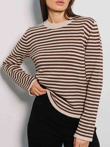 Women's striped round neck long sleeve sweater