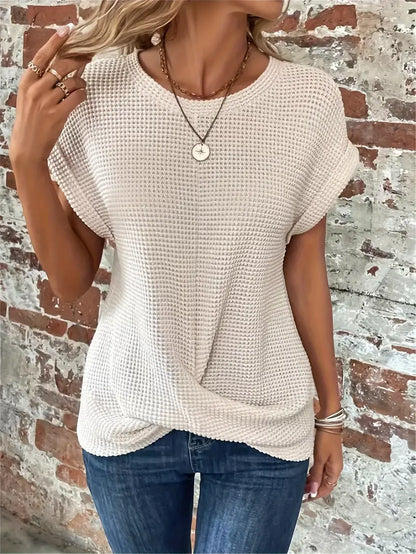 Women's Casual Top - Waffle Knit - Short Sleeve Rolled Cuff - Round Neck Relaxed Fit