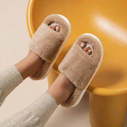 Women's thick plush open toe fur slippers