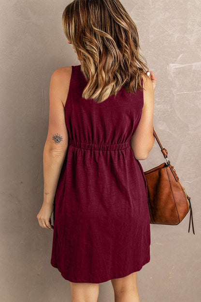 Women's Sleeveless Button-Up Mini Dress - V-Neck - Elastic Waist - Casual Fit