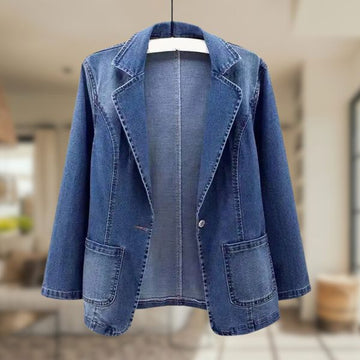 Women's slim fit denim jacket with suit collar and one button