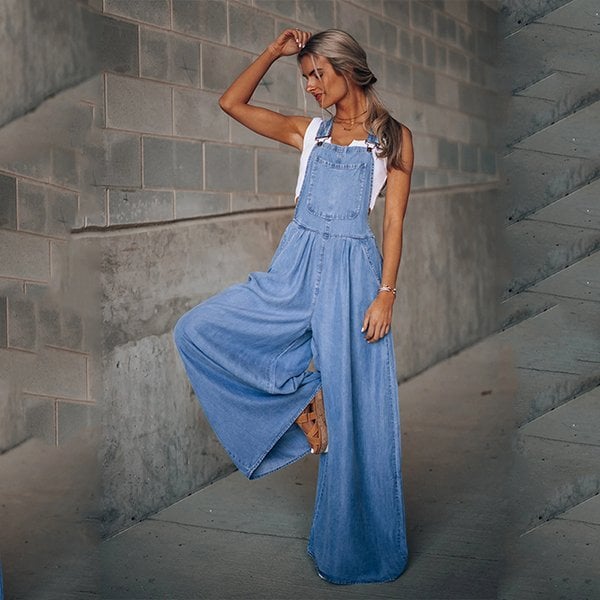 Women's Denim Overalls - Wide Leg - Adjustable Straps - Relaxed Fit Casual Wear