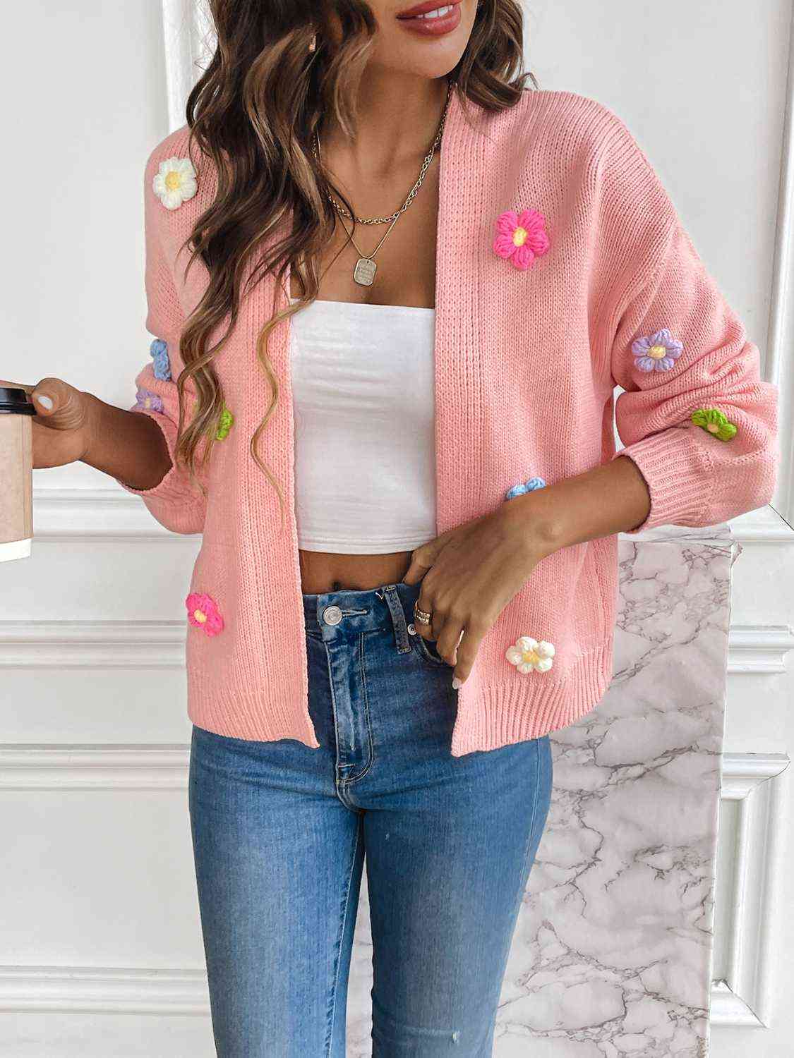 Women's Knit Cardigan - Long Sleeve - Floral Appliqué - Cropped Relaxed Fit