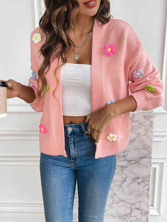Floral Appliqué Cropped Knit Cardigan