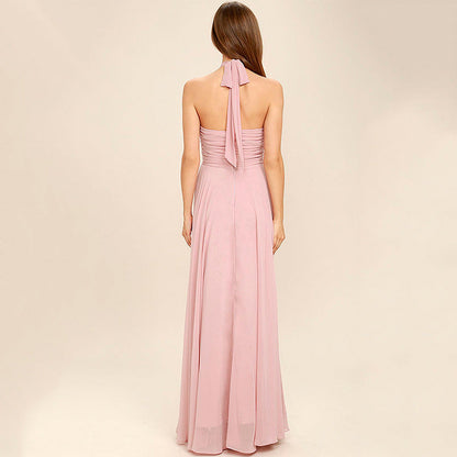 Women’s Halter Neck Gown – Chiffon – Pleated Bodice – Ruched Waist – Full Length