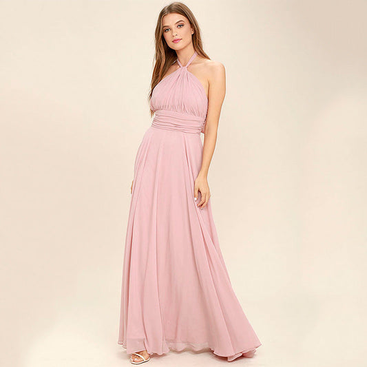 Women’s Halter Neck Gown – Chiffon – Pleated Bodice – Ruched Waist – Full Length