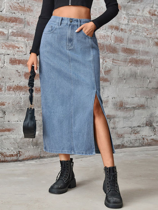 High Waist Slit Denim Skirt with Pockets