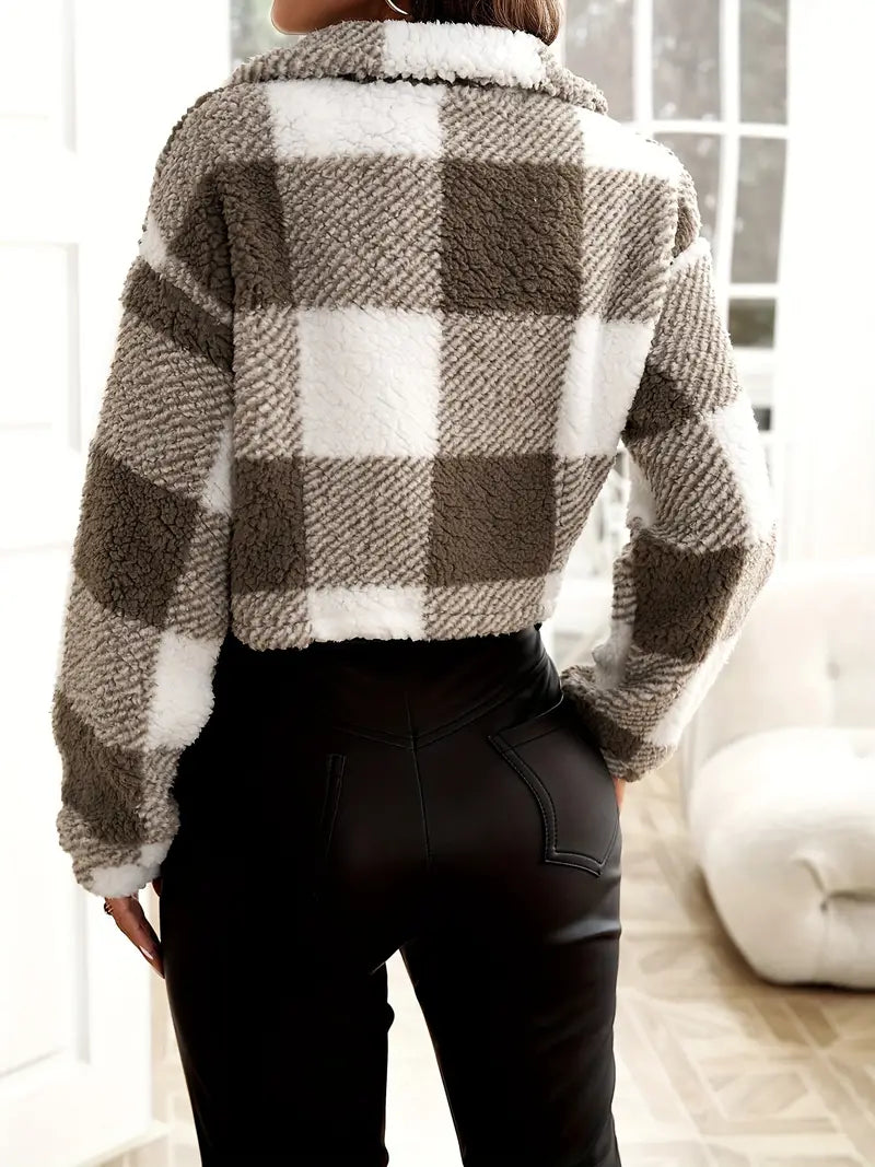 Check Pattern Zip Closure Teddy Jacket