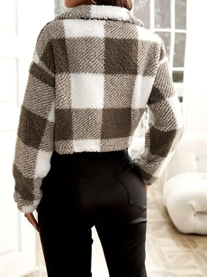 Women's teddy jacket with check pattern with zip closure