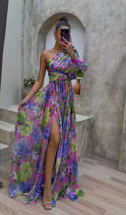 Women’s Maxi Dress – One Shoulder – Floral Print – High Slit – Luxury Fabric