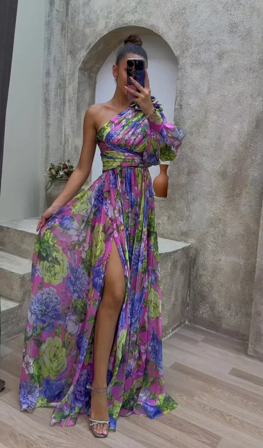 Floral Print Luxury One Shoulder Maxi Dress 