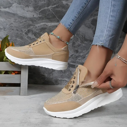 Women's Sneakers - Breathable Mesh Upper - Lace-Up with Side Zipper - Cushioned Sole
