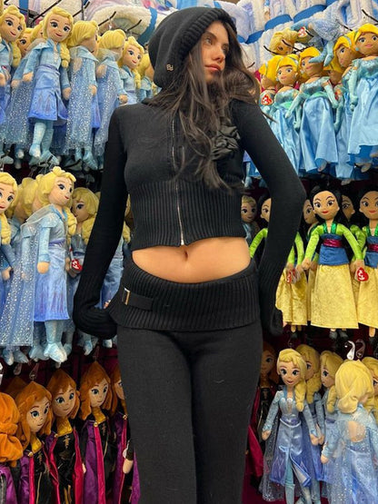 Women's cropped knitted hoodie and high waist trousers set